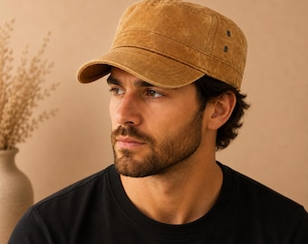 Gorra militar impermeable para hombre, gorra de cadete de lona encerada, gorra plana estilo militar vintage.
