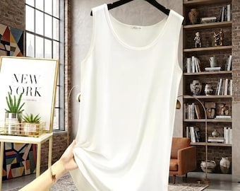 Camiseta de tirantes larga de modal para mujer – Camisola suelta sin mangas, color liso, estilo streetwear