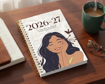 Planificador A5 2026-2027 con diseño semanal y mensual, encuadernación en espiral, organizador de 2 años con notas para tareas escolares y planificación de objetivos.