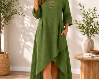 Vestido midi de lino para mujer – Corte holgado, manga corta, estilo casual de verano para la oficina.