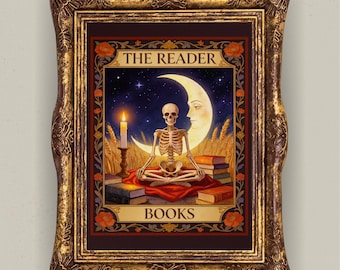 Lámina de tarot "El lector", arte mural de lector esqueleto, regalo para amantes de los libros, decoración de rincón de lectura de bruja, arte de biblioteca de bruja lectora, lámina de carta del tarot