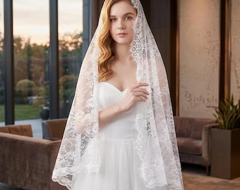 Mantilla de encaje negro para mujer: elegante velo floral para capilla católica, chal largo para novia.