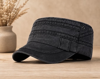 Gorra militar unisex de algodón lavado, gorra plana ajustable, gorra militar informal de estilo vintage para hombres y mujeres.