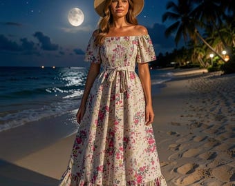 Vestido floral de estilo francés, vestido plisado de corte A con hombros descubiertos, vestido veraniego para mujer para vacaciones en la playa.