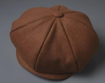 Gorra de vendedor de periódicos de lana premium: gorra plana octogonal de 8 paneles para hombre y mujer / Boina retro clásica en color camello negro
