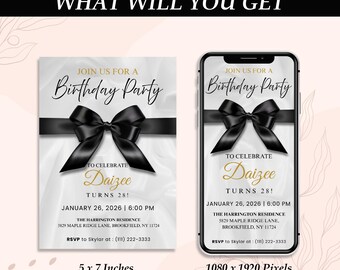 Black Bow Birthday Invitation Template, Elegant Editable Party Invite, Digital Download Printable & Phone Format, DIY Birthday Invite