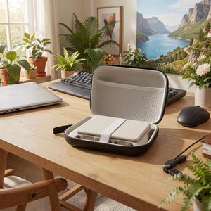 Peut inclure: Un étui de transport noir ouvert, révélant un intérieur de couleur claire et un appareil fixé à l'intérieur par une sangle blanche. Un ordinateur portable, un clavier et une souris sont sur un bureau en bois, avec des plantes et des œuvres d'art en arrière-plan.