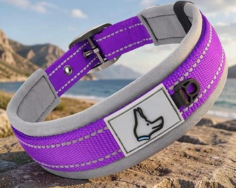 Collar reflectante acolchado para perros: nailon resistente, ajuste regulable, neopreno ancho para mayor comodidad.