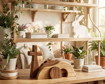 Conjunto de decoración cristiana para la tumba de Pascua: adornos de madera para mesa que representan el nacimiento y la resurrección de Jesús.