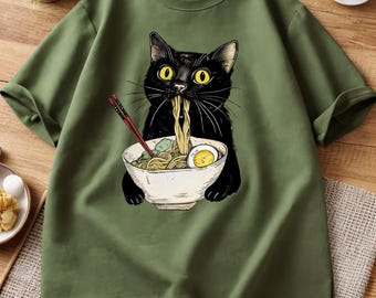 Camiseta gráfica divertida de gato ramen: adorable camiseta vintage de gatito comiendo fideos, camiseta unisex casual y estética para amantes de los gatos, top de gato estilo anime genial.