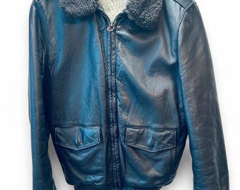 Vintage L.L. Bean Leather Flight Bomber Jacket Wool Lined Mouton Collar 42 Long