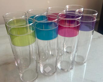 Vintage Mid Century Color Band Tom Collins Glasses | Retro Highball Tumblers | Set of 8