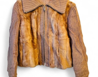 Vintage Genuine Mink Knit Jacket | Real Mink Fur Panel Zip Jacket | Women’s M/L | Vintage Fur Coat