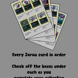 Puede incluir: Una colección de cartas coleccionables de Zorua, cada una con una ilustración diferente del personaje. Las cartas están dispuestas en forma de abanico sobre un fondo gris. El texto dice: "Every Zorua card in order. Check off the boxes..."