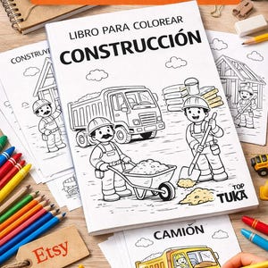 以下が含まれることがあります： 「CONSTRUCCIÓN」（建設）というタイトルの塗り絵本。建設作業員や車両のイラストが描かれています。画像には色鉛筆、メモ帳、「Etsy」のタグが含まれています。この本はA4形式で印刷可能なPDFです。