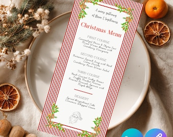Könnte beinhalten: Eine Weihnachtskarte mit rot-weiß gestreiftem Hintergrund. Das Menü hat ein festliches Design mit floralen Akzenten und dem Text "Christmas Menu". Das Menü listet Gänge wie karamellisierte Zwiebeltarte, Butternusskürbissuppe und Lebkuchenkuchen auf.