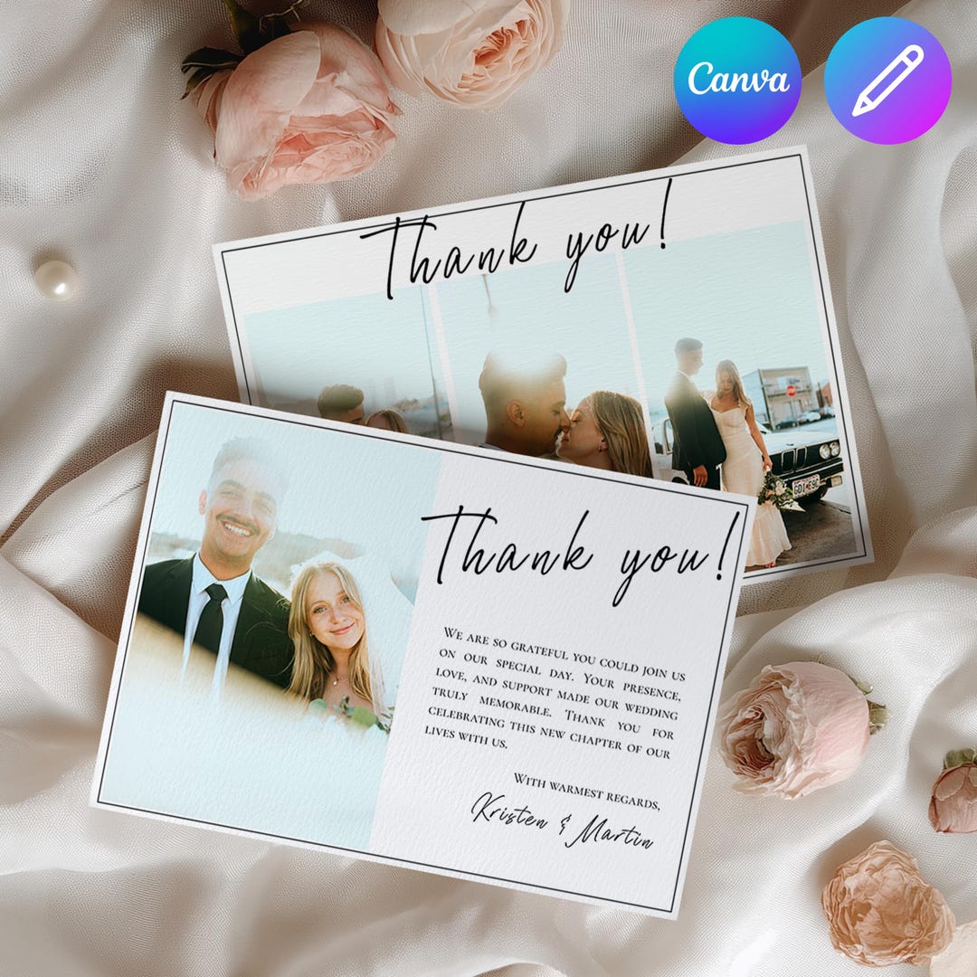 Editable Wedding Thank You Cards Template, Canva Photo Thank You Card ...