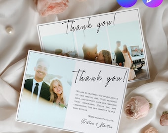 編集可能な結婚式サンキューカードテンプレート、Canvaフォトサンキューカード、ミニマルな結婚式サンキューカード印刷可能、モダンな結婚式
