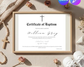 May include: A framed Certificate of Baptism, featuring a cross and the name William Grey. The image includes baby shoes, a rosary, and dried flowers, creating a religious and commemorative atmosphere.