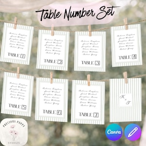 May include: A set of wedding table number cards, labeled 1 through 7, are displayed on a string with clothespins. Each card has a striped border and includes guest names. The top of the image reads "Table Number Set."
