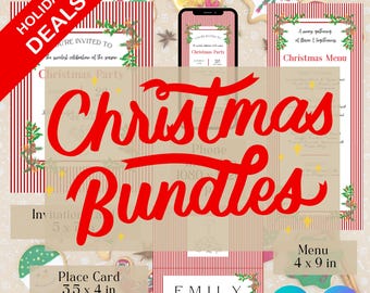 Peut inclure: Ensemble de papeterie de Noël comprenant des invitations, des menus et des marque-places. Les motifs présentent des rayures rouges et blanches, de la verdure festive et le texte "Christmas Bundles". L'image comprend également un smartphone affichant une invitation à une fête de Noël.