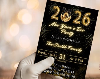 Editable New Year’s Eve Invitation 2026, Gold Black NYE Party Invite, Elegant Canva Template, Printable Digital Download