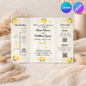May include: A tri-fold wedding invitation with a lemon theme. The invitation includes the names Olivia Moore and Matthew James, the date, and RSVP information. The design features lemons and a timeline of events.