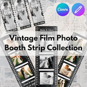 Könnte beinhalten: Eine Sammlung von Vintage-Film-Fotostreifen mit Hochzeitsfotos. Die schwarzen Streifen haben weiße Ränder und enthalten Daten und Namen. Der Text "Vintage Film Photo Booth Strip Collection" ist deutlich sichtbar.
