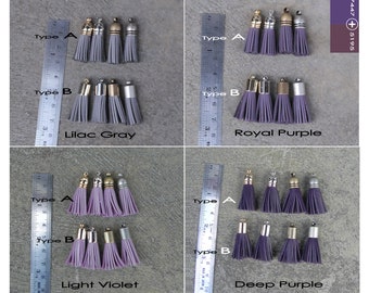 4 X 8mm Mini Leather TASSELS in Gold, Silver, Antique Silver or Antique Brass Plated Cap(Type A or B), Violet, Purple, Lilac