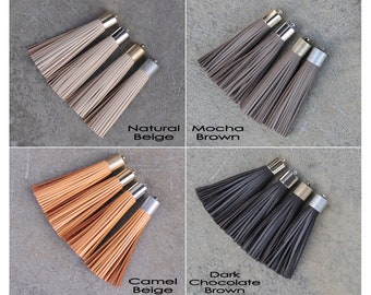 16mm Leather TASSEL- 4 Colors Plated Cap- Pick Leather Color, Cap color & Key Ring- Natural Beige, Mocha BR, Camel Beige and Dark Choco BR