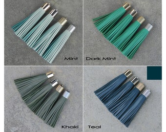 16mm Leather TASSEL- 4 Colors Plated Cap- Pick Leather Color, Cap color & Key Ring- Mint, Dark Mint, Khaki and Teal Green