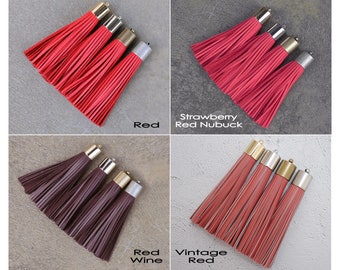 16mm Leather TASSEL- 4 Colors Plated Cap- Pick Leather Color, Cap color & Key Ring- Red, Red Wine, Vintage Red