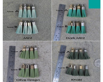 4 X 8mm Mini Leather TASSELS in Gold, Silver, Antique Silver or Antique Brass Plated Cap(Type A or B), 2 Mints, Olive Green, Khaki, Teal