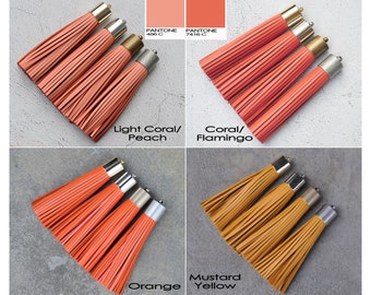 16mm Leather TASSEL- 4 Colors Plated Cap- Pick Leather Color, Cap color & Key Ring- Coral, Peach, Orange, Mustard Yellow
