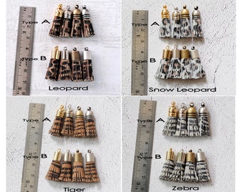 4 X 8mm Mini Sheep Leather TASSELS in Gold, Silver, Antique Silver or Antique Brass Plated Cap(Type A or B), Wild Animal Patterned