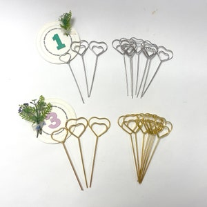 10Pcs Heart Shaped Wire table number holder, Wire Memo Holder Clips, Sign Holder, Escort Card Display, Namecard Holder, Picks 2 colors 2size image 1