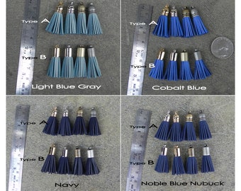 4 X 8mm Mini Leather TASSELS in Gold, Silver, Antique Silver or Antique Brass Plated Cap(Type A or B), Blue & Navy