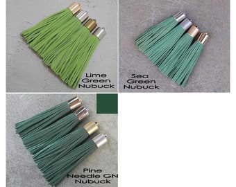 16mm Leather TASSEL- 4 Colors Plated Cap- Pick Leather Color, Cap color & Key Ring- Lime Green, Sea Green and Pine Needle GN Nubuck