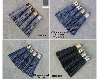 16mm Leather TASSEL- 4 Colors Plated Cap- Pick Leather Color, Cap color & Key Ring- Black, Charcoal Gray and Gray