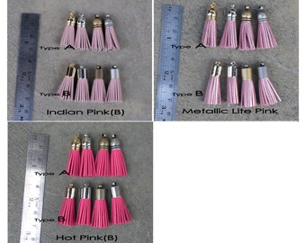 4 X  8mm Mini Leather TASSELS in Gold, Silver, Antique Silver or Antique Brass Plated Cap(Type A or B), 3 Pink Colors