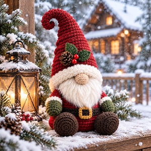 Peut inclure: Une figurine de gnome au crochet avec un grand chapeau pointu rouge orné d'une pomme de pin et de baies de houx, une barbe blanche épaisse, un nez beige, des manches vertes, une ceinture marron à boucle dorée et des pieds marron foncé.