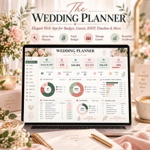 Peut inclure: Un écran d'ordinateur portable affichant un tableau de bord d'application web de planification de mariage avec suivi du budget, des invités et du calendrier. L'interface inclut des graphiques, des barres de progression et le texte The Wedding Planner.