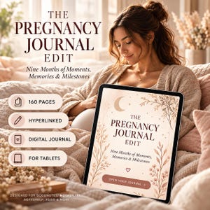 Peut inclure: Un journal de grossesse numérique affiché sur un écran de tablette intitulé The Pregnancy Journal Edit: Nine Months of Moments, Memories & Milestones. Il comprend 160 pages, une navigation par liens et une compatibilité avec Goodnotes et Notability.