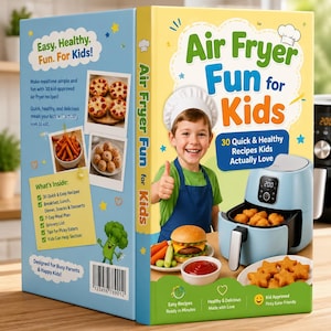 以下が含まれることがあります： 「Air Fryer Fun for Kids」というタイトルの料理本。コック帽をかぶった笑顔の子供が表紙に描かれています。表紙にはエアフライヤーと子供向けの様々な料理が描かれています。「簡単、健康的、楽しい！」と「子供たちが本当に大好きな30の簡単＆ヘルシーレシピ」というテキストが含まれています。