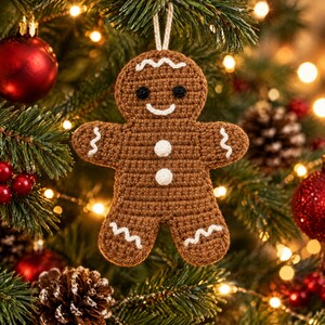 Gingerbread Man Crochet Applique Pattern PDF, Christmas Patch with White Embroidered Details
