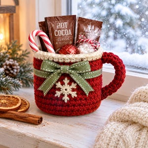 May include: A red crocheted mug cozy featuring a cream-colored rim, a white snowflake applique, and a green ribbon bow. The mug is filled with packets of hot cocoa, a red and white candy cane, a red foil-wrapped chocolate, and mini marshmallows.
