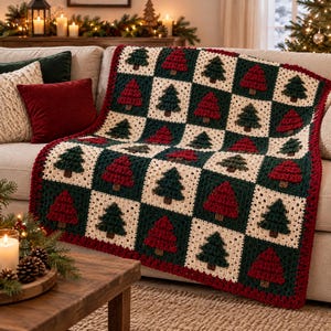 Op de afbeelding: Een gehaakte deken met een herhalend rasterpatroon van afwisselende crème, donkergroene en dieprode vierkanten. Elk vierkant bevat een gestructureerd, verhoogd motief van een kerstboom in groen of rood met een kleine bruine stam.