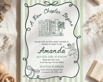 Storybook Baby Shower Invitation: Sage Green Fairytale Book Theme, A New Chapter Begins #stb26