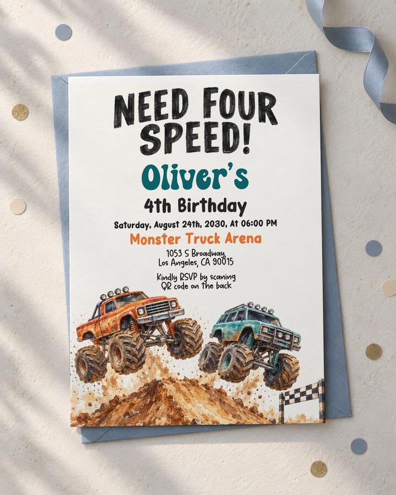 Monster Truck 4th Birthday Invitation Template, Truck Racing Party ...