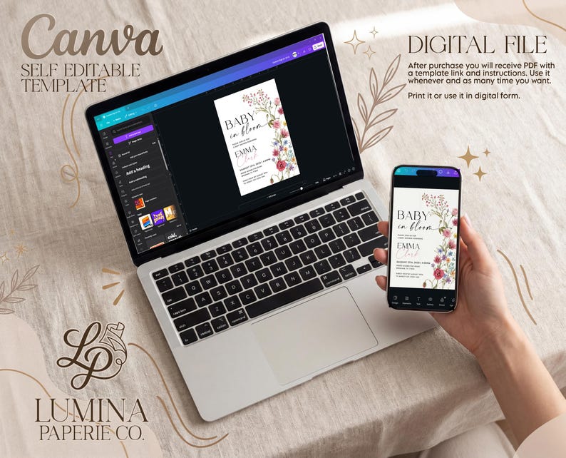 May include: A laptop and smartphone displaying a baby shower invitation template. The laptop screen shows the Canva interface with the text "Canva SELF EDITABLE TEMPLATE". The smartphone displays the invitation design with floral accents and the text "BABY in bloom EMMA".